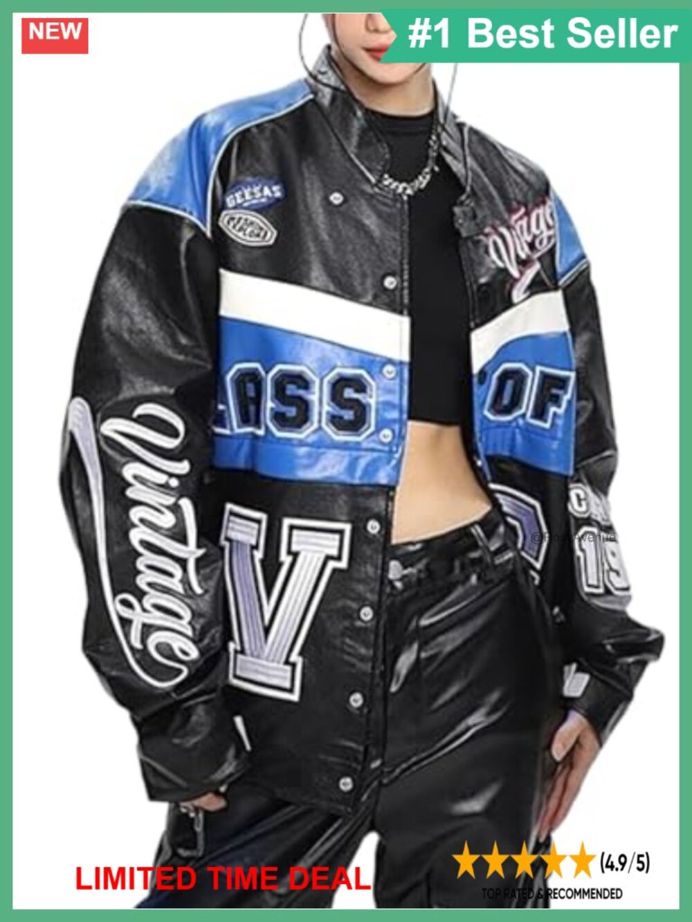 Oversized Faux Leather Varsity Bomber Jacket Letterman Racing Streetwear